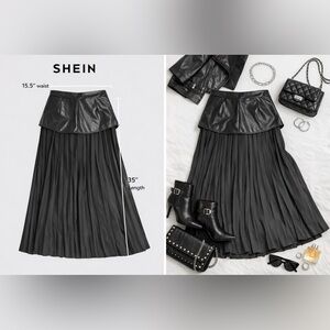 SHEIN Black Pleated Midi Skirt – Faux Leather Waistband, Size Large
